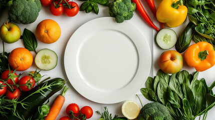 White Plate Surrounded by Vegetables and Fruits