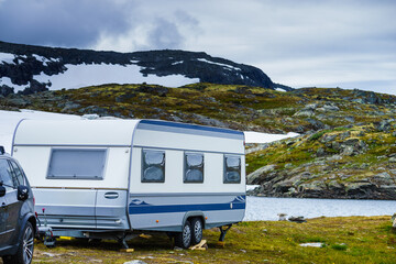 Camper trailer in mountains, Norway