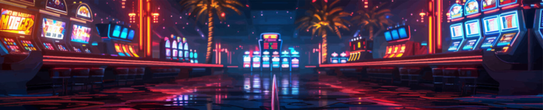 casino filled with an array of slot machines under vibrant neon lights, reflecting on a glossy floor generative ai vector illustration.
