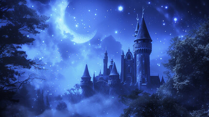 Magic night sky with fairy dream castle towers. Generative Ai