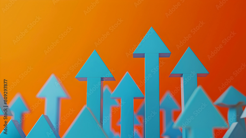 Poster blue arrows pointing upwards on an orange gradient background symbolizing growth and progress. perfe