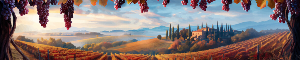 Grapes vineyard grapevines in the foreground and a classic villa among rolling hills generative ai vector illustration.