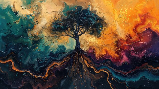 Acrilico sobre lienzo. Arbol con raices en forma de remolino. Colores vivos y brillantes. Estilo abstracto.