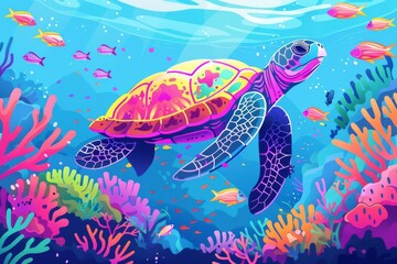 colorful underwater world turtle with fish and sea animals coral reef illustration