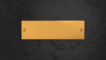Golden plaque with rivets. Metallic nameboard on black concrete wall. 3D rendering.