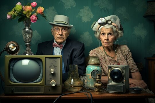 Senior man and woman sit with old-fashioned devices, evoking nostalgia and times gone by