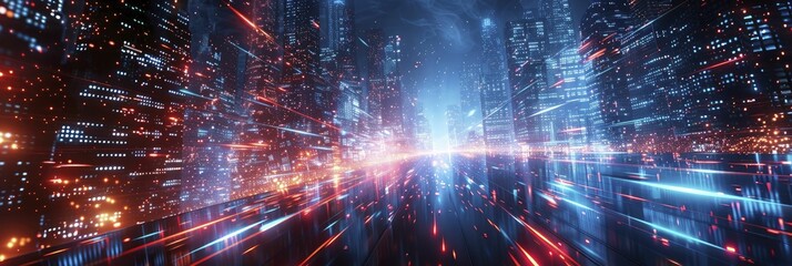 Fototapeta premium Cyber City Rush: A cityscape alive with the motion of red and blue lights, reflecting the fast pace of digital life.