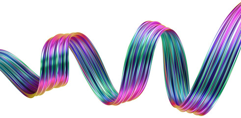 Abstract metallic colorful line flow. Isolated iridescent ribbon. 3D rendered art.