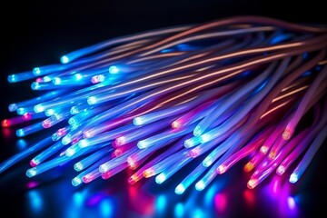 Beautiful Glowing Fiber Optic Strands Gathered Together Creating a Mesmerizing Display on a Dark Black Background, Illuminated in Various Colors, Perfect for Technological or Abstract Concepts