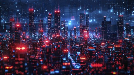 Fototapeta premium As the sun sets, a vibrant display of red and blue lights emerges, revealing a bustling digital hub within the cityscape.