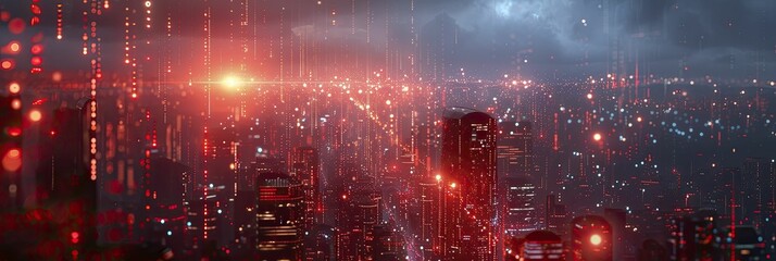 A futuristic urban landscape illuminated by a web of red streaming lights symbolizing high-speed digital connectivity and network pathways.