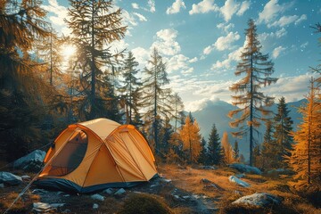 A lone yellow tent sits in a clearing in the woods. The sun is shining through the trees, and the mountains are in the distance. The tent is surrounded by tall grass and trees.