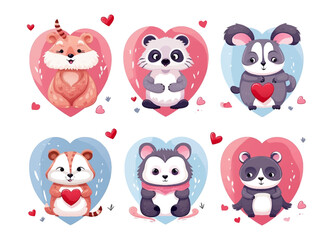 Set of animals illustrations in Water color, cute animals, hearts and flowers, love card for valentine