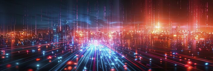 Fototapeta premium Red Streaks in Tech City: Vivid light trails carve paths through a city dedicated to digital progress.