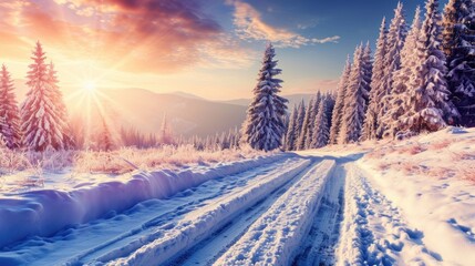 Snowy road with sun shining on it