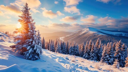 Snowy mountain landscape with tree in foreground
