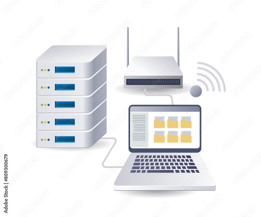 Poster Wifi network computer data server infographic 3d illustration flat isometric