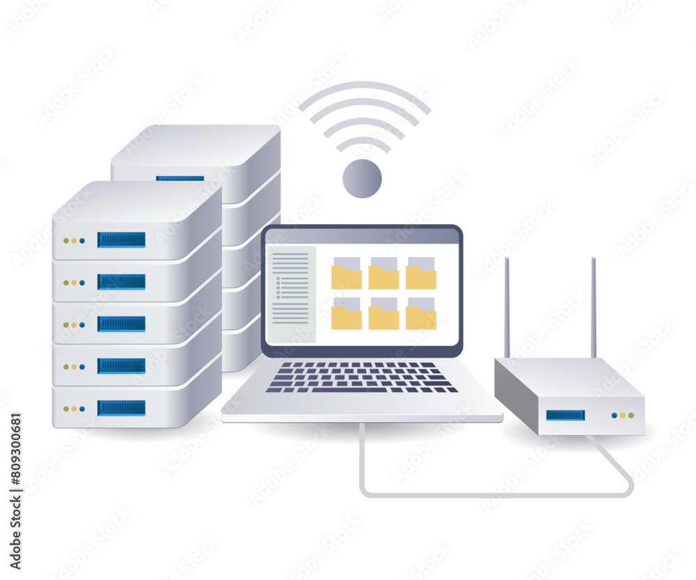 Poster wifi network computer server infographic 3d illustration flat isometric