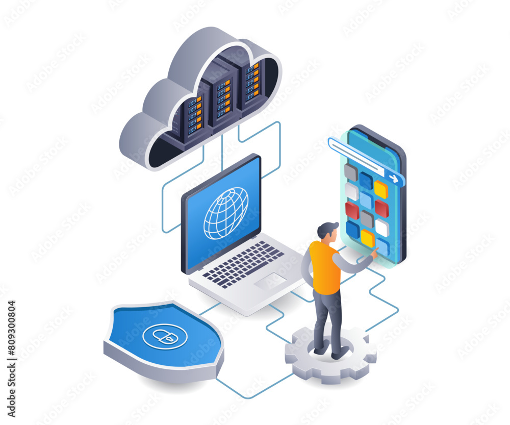 Poster Web developer application computer smartphone technology infographic 3d illustration flat isometric