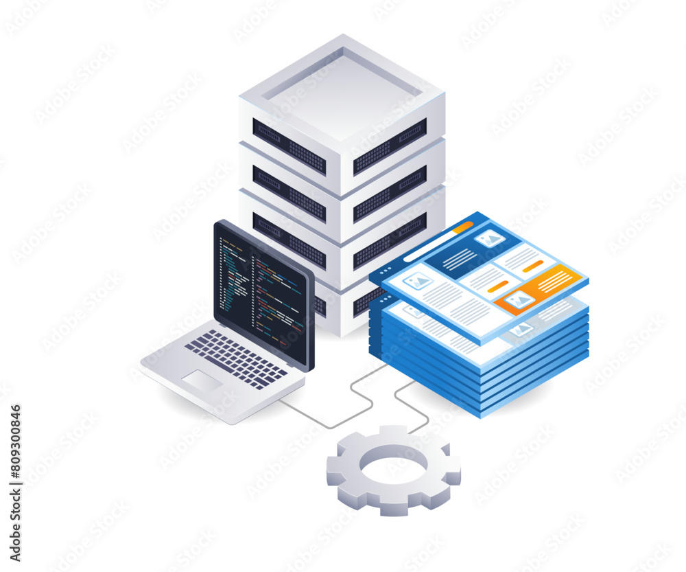 Poster Web data server application developer technology infographic 3d illustration flat isometric