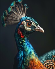 Obraz premium Mystic portrait of Indian Peafowl, copy space on right side, Headshot, Close-up View, 