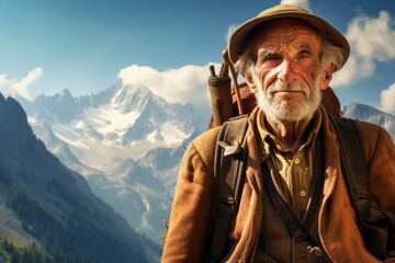 Portrait of a seasoned elderly hiker in outdoor apparel against a backdrop of majestic mountains