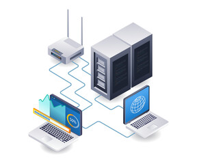 Wifi network server technology analyst infographic 3d illustration flat isometric