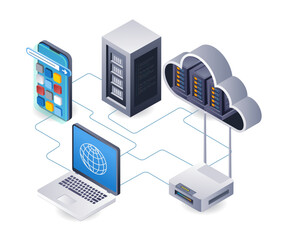 Wifi network internet cloud server technology analyst infographic 3d illustration flat isometric