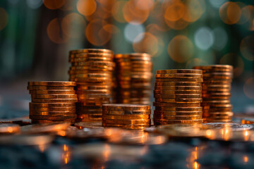Shiny stacks of coins isolated on a bokeh background, finance, money, taxes and investments or saving.