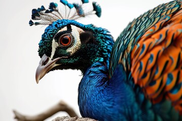 Obraz premium Mystic portrait of Indian Peafowl standing in small root in studio, 