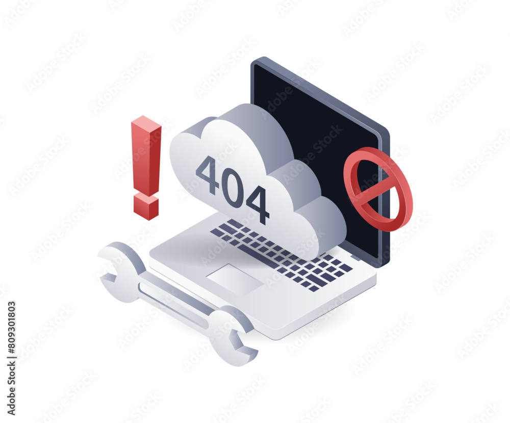 Poster The computer received an error warning code 404, technology system, 3d flat isometric illustration infographic