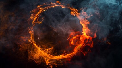 Smoke round frame. Ink water mix. Occult wheel. Explosion smog cloud. Orange red yellow color fume circle whirl glow on dark black abstract background.