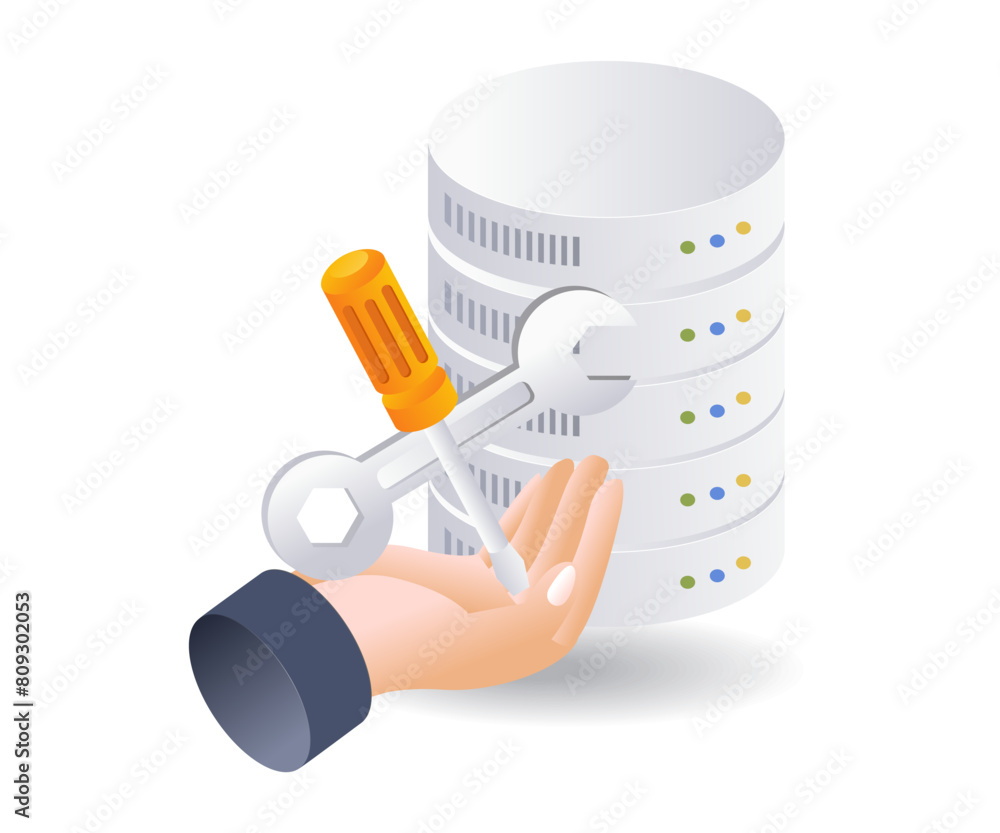 Poster technology server database maintenance service infographic 3d flat isometric illustration
