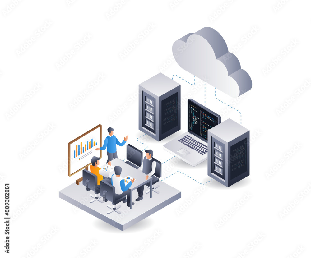 Poster the team is developing a cloud server application, infographic 3d illustration flat isometric