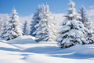 Beautiful landscape with snow covered fir trees and snowdrifts.Merry Christmas and happy New Year greeting background with copy-space.Winter fairytale.