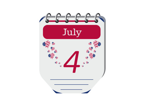 4 july usa independence day calendar page vector with vintage heart shape usa flags. 3d one day red calendar date appointment, deadline, event reminder illustration. 
