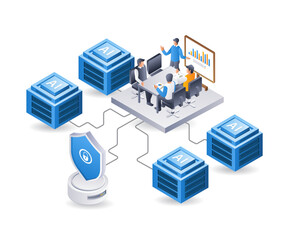 Team working on technology ai server, isometric flat 3d illustration infographic