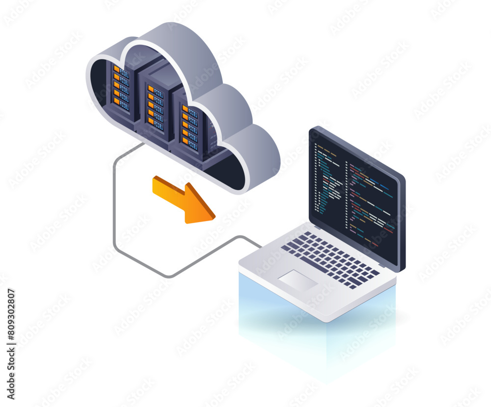 Poster technology cloud server programmer computer, isometric flat 3d illustration infographic
