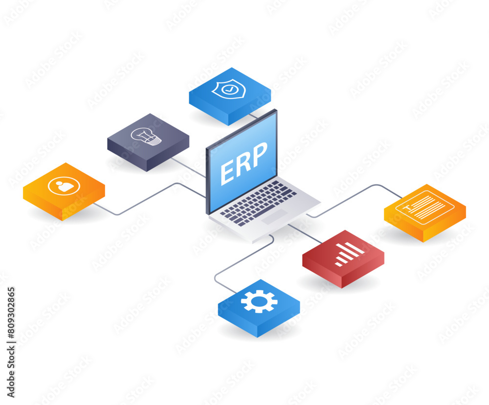 Poster Technology business ERP network developer computer, flat isometric 3d illustration infographic