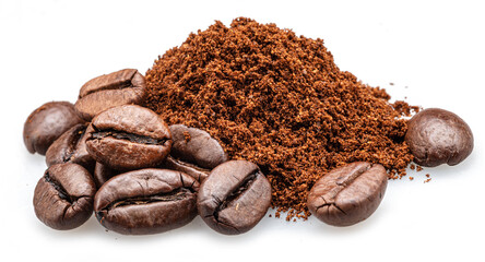 Heap of ground or crushed coffee beans and whole roasted coffee beans isolated on white background.