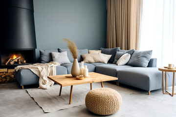 Fototapeta premium Blue corner sofa with beige pillows near fireplace. Minimalist interior design of modern living room, home.