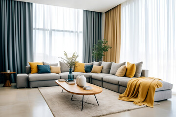 Grey corner sofa with vibrant blue and yellow pillows against window. Minimalist interior design of modern living room, home.