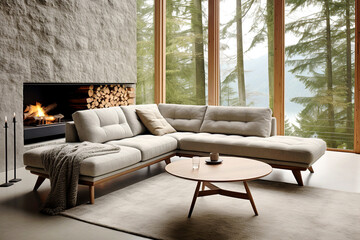 Fototapeta premium Grey corner sofa near fireplace against panoramic window with forest view. Minimalist, mid century style interior design of modern living room, home.