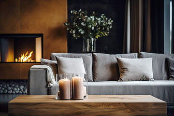 Fototapeta premium Close up of wooden coffee table with candles near grey sofa against fireplace. Shabby chic interior design of modern living room, home.