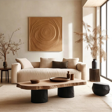 Live edge wooden accent coffee table near beige sofa against stucco wall with sand stone wall decor. Boho, nomadic interior design of modern living room, home.
