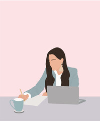 Portrait in minimalism with girl at work, light pink background. Decoration for events, trendy vector illustration