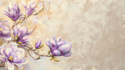 Beautiful purple white magnolia flower on beige decorative background with gold accents as wallpaper illustration, Elegant Purple White Flower	