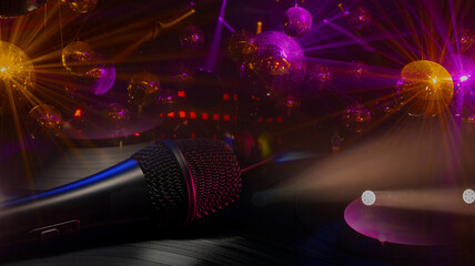 disco show background with disco balls microphone and vinyl