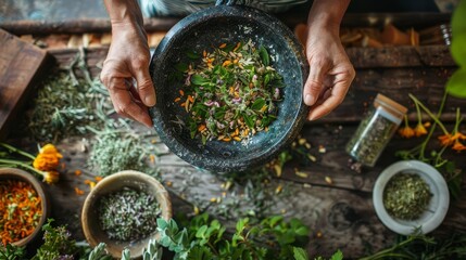 Crafting herbal remedies, shown in magazine photography style, with close-up shots of hands preparing and mixing herbs in a rustic kitchen setting