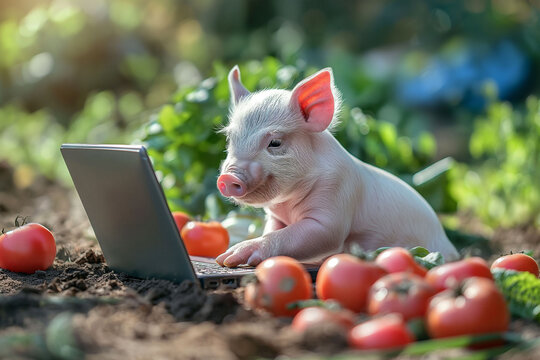A viral internet meme of a little pig working on a computer in a garden with tomatoes.